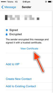 After tapping the sender's name, select 'View Certificate'.